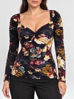 Vtg Just Cavalli Moody Floral Jersey Ruched Sleeves Top Y2K Dark Coquette IT 46